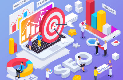 Conceito isométrico de SEO com símbolos de monitoramento e tráfego isolado