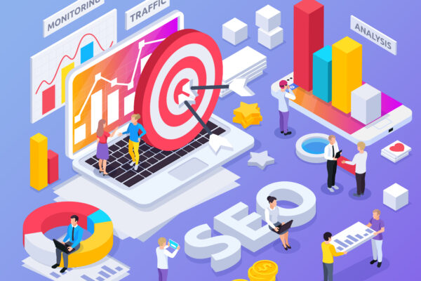 Conceito isométrico de SEO com símbolos de monitoramento e tráfego isolado
