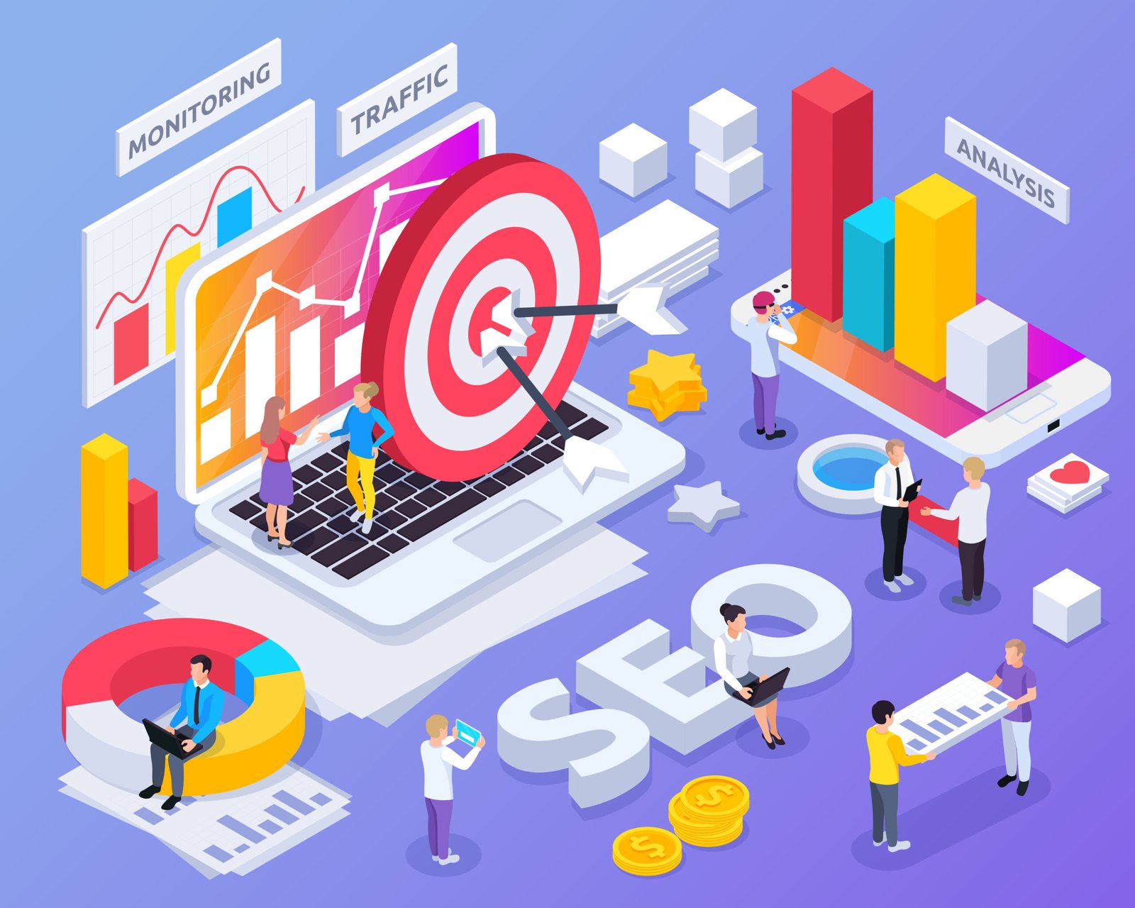 Conceito isométrico de SEO com símbolos de monitoramento e tráfego isolado